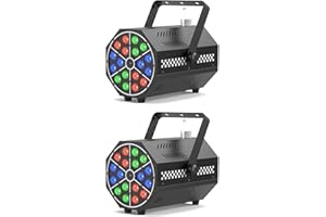 QUEENFAVOR Mini 500W 18-LED R/G/B Fog Machine Controlled by Remote with LED Auto-Chasing,Jump,Pulse,Strobe Mode and 7 Static Colors Ideal for Halloween Events,DJ Visual enhancements & Stage Productions(2 Black)