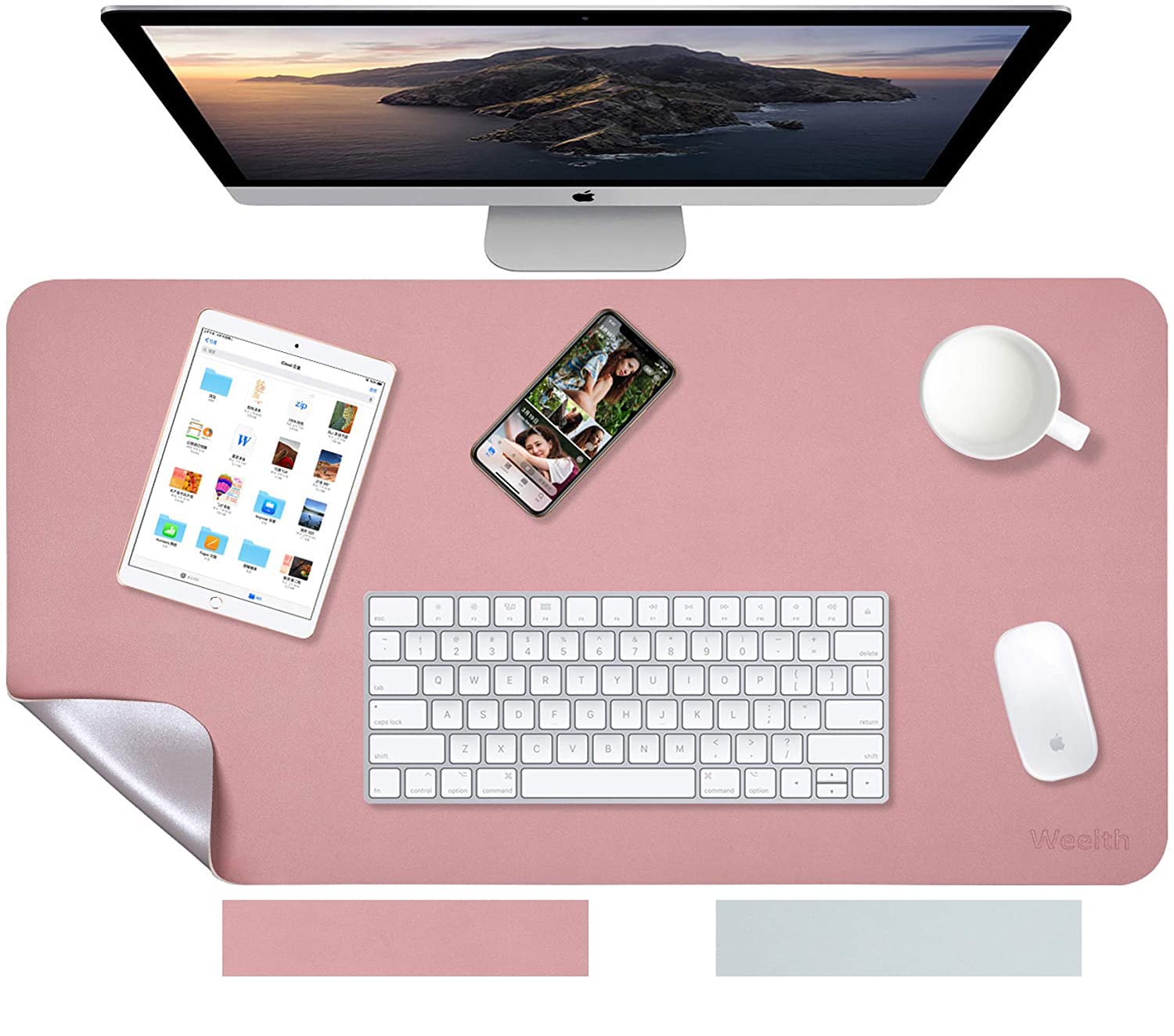 Weelth Dual-Sided Office Desk Pad, PU Leather Desk Mat, Waterproof Desk Writing Pad for Office and Home (Pink/Sliver, 900 * 430mm)