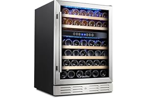 Kalamera 24 inch Wine Cooler, 46 Bottle - Dual Zone Built-in or Freestanding Fridge with Stainless Steel Reversible Glass Door, for Home, Kitchen, or Office.