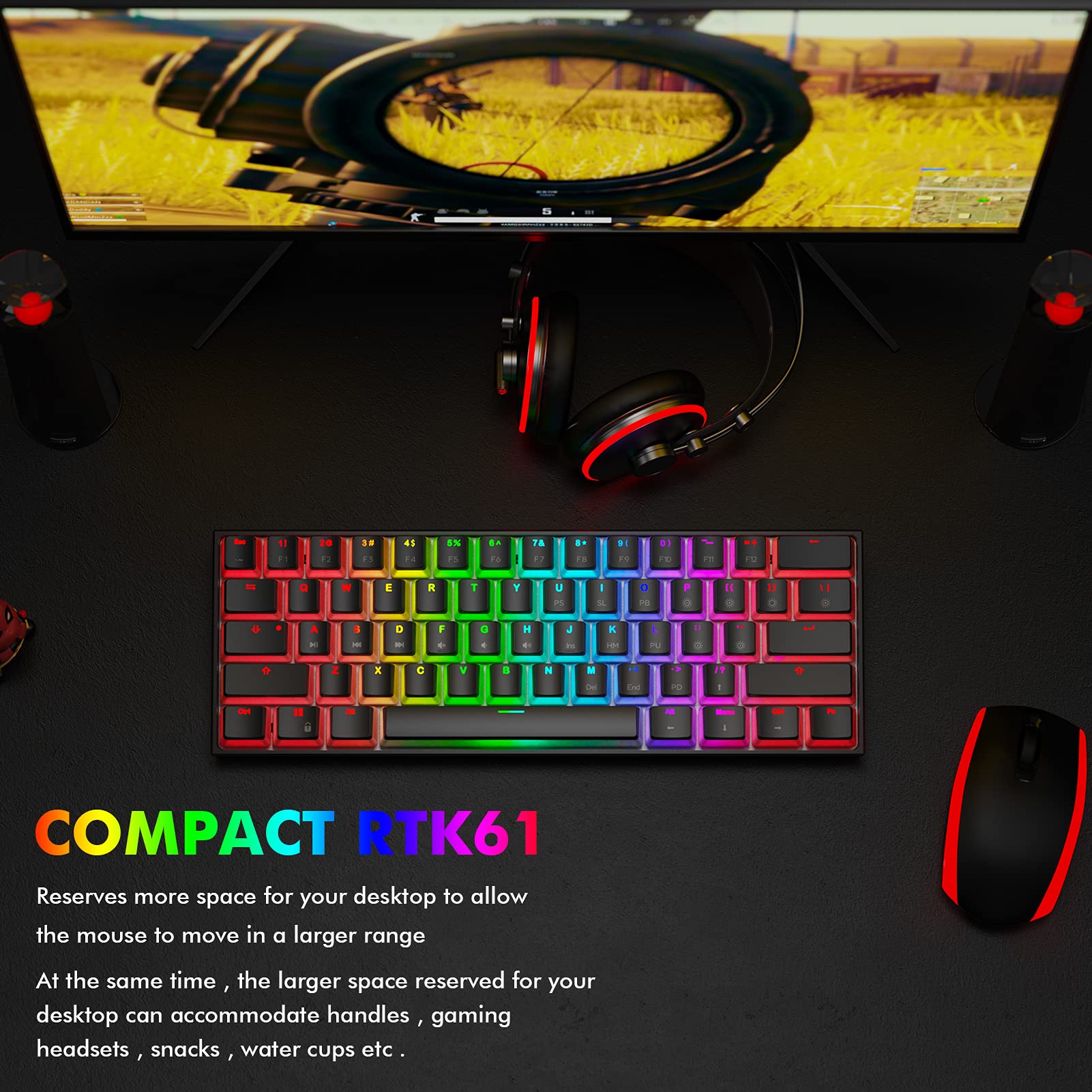 Ractous RTK61P 60% Mechanical Gaming Keyboard RGB Backlit PBT Pudding keycaps 61key Ultra-Compact Wired Keyboard Programmable for PC/Mac Gamers,Hot-Swappable Gateron Optical Brown Switch (Black)