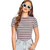 Milumia Women's Casual Multi Striped Ribbed Short Sleeve Solid Tee Knit Top