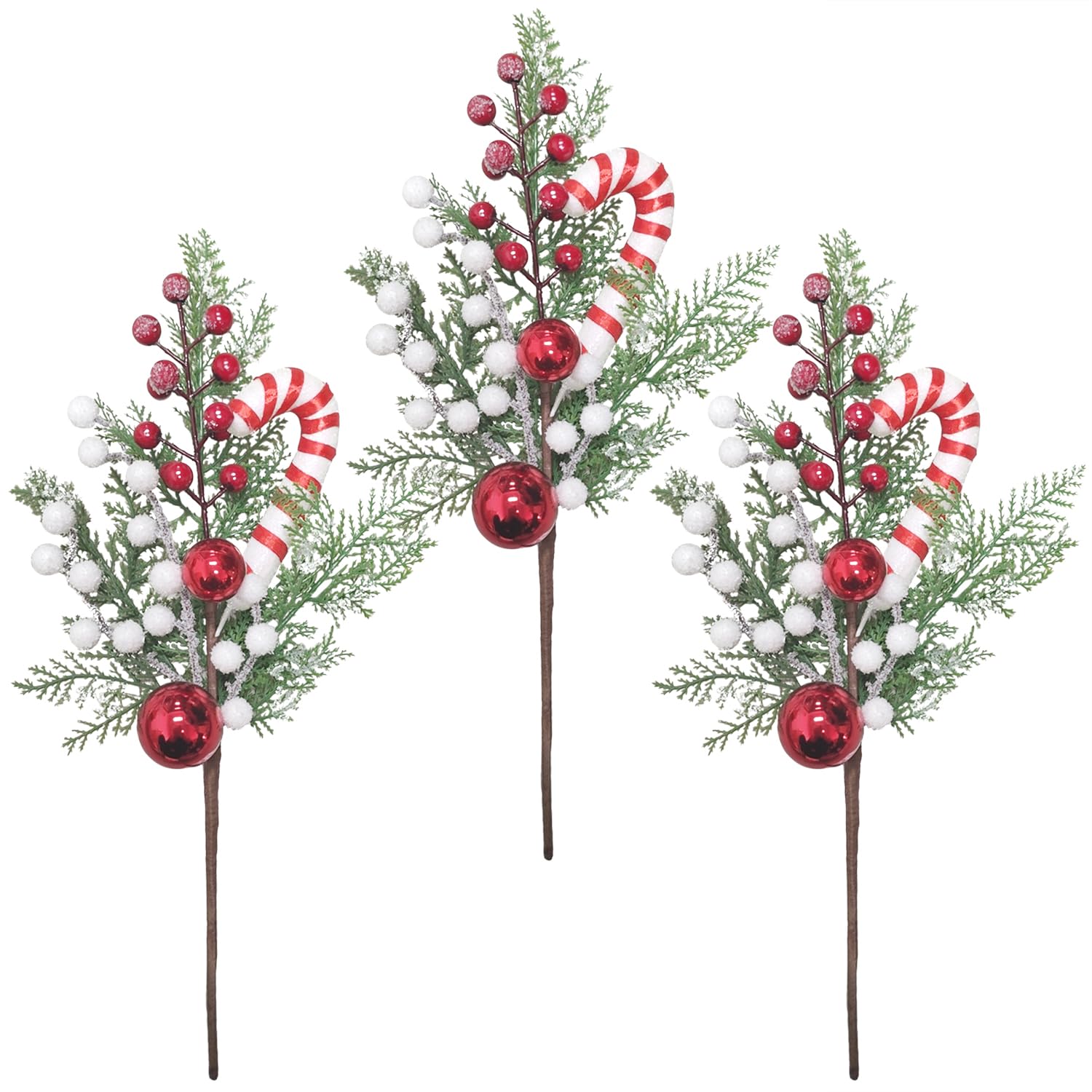 Kunjocy Christmas Pine Branches with Candy Cane, Red Berries Snow Berries Christmas Candy Decorations Candy Picks Christmas Candy Cane Christmas Ball for DIY Crafts Xmas Decor Gift Wrap Embellishment