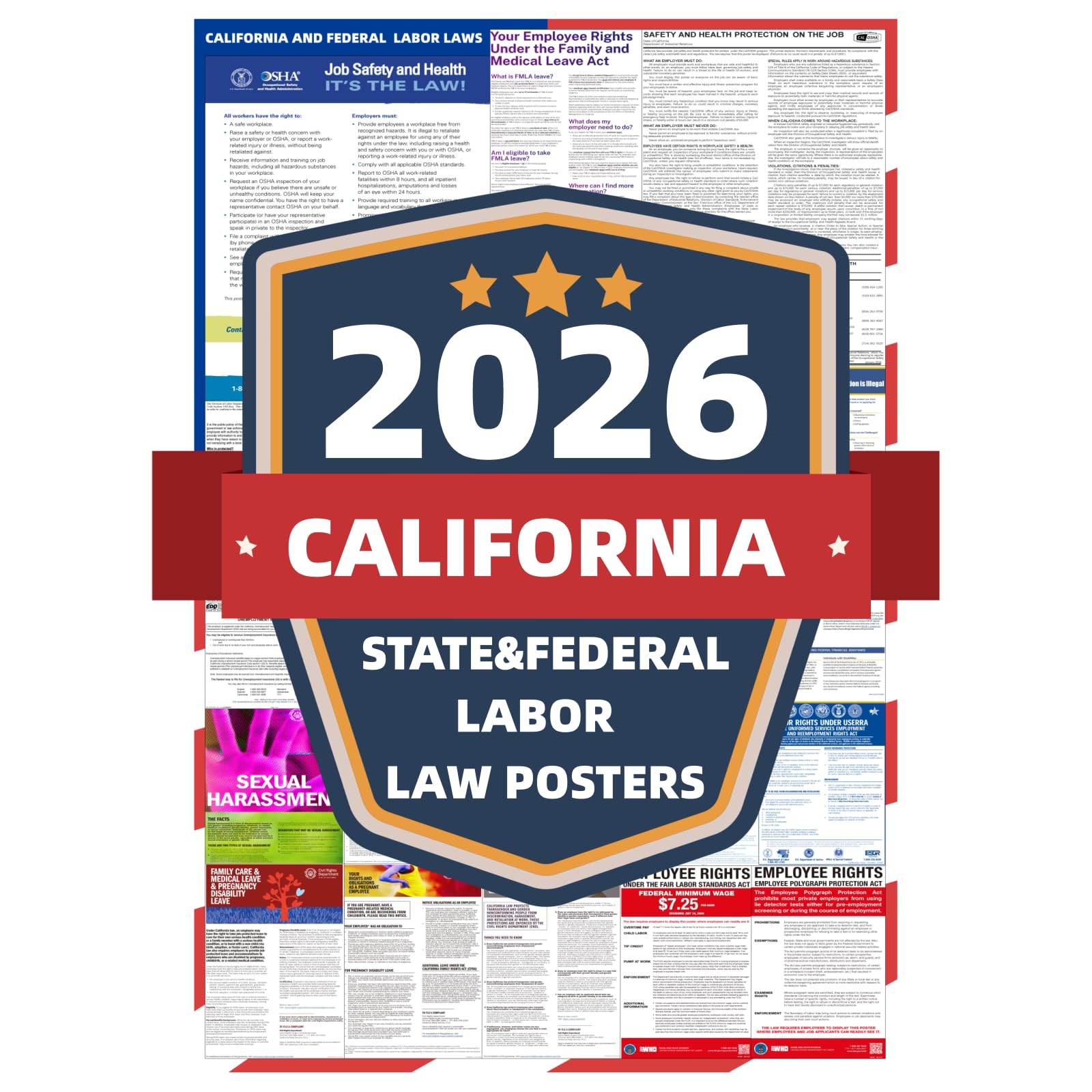 Photo 1 of 2026 California State and Federal Labor Laws Poster - English Version - OSHA Workplace Compliant - UV Waterproof Laminated 24" x 36" - Mandatory Regulations Posting for Employees