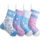Floraltop 4 Pcs 18" Snowflakes Christmas Stocking Large Flannel Cartoon Blue White Snowflakes Hanging Christmas Stocking for Fireplace Mantel Xmas Tree Family Holiday Party Decorations