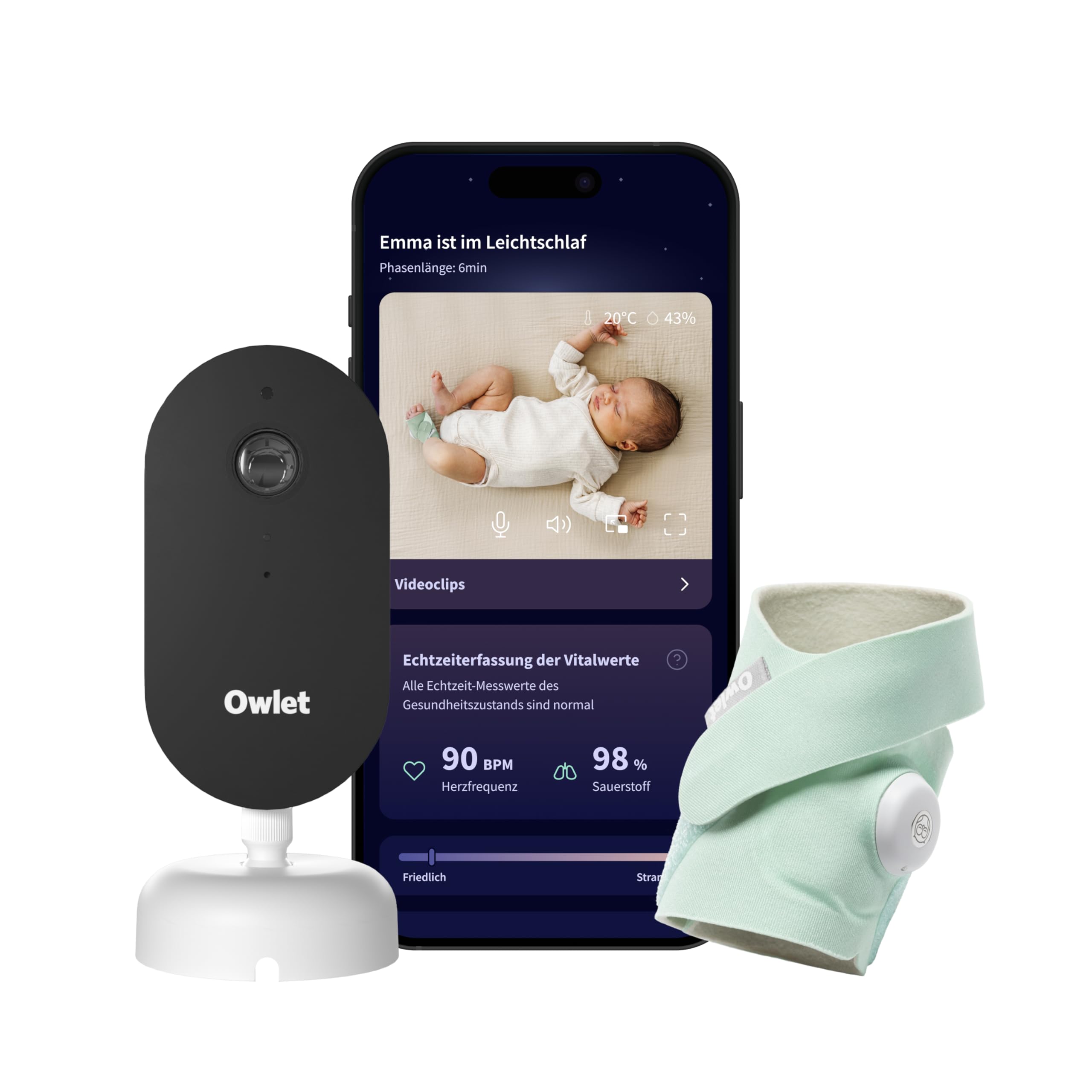 Owlet Dream Duo – Smartes Babyphone mit App | Sensorbasierte Babyüberwachung mit Dream Sock®, 2K HD Kamera, Schlaftracking & Echtzeit-Benachrichtigungen | WLAN (Mint)