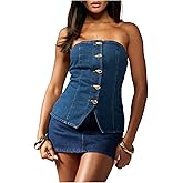 MakeMeChic Women's Strapless Denim Vest Metal Button Down Split Cowgirl Tube Tops