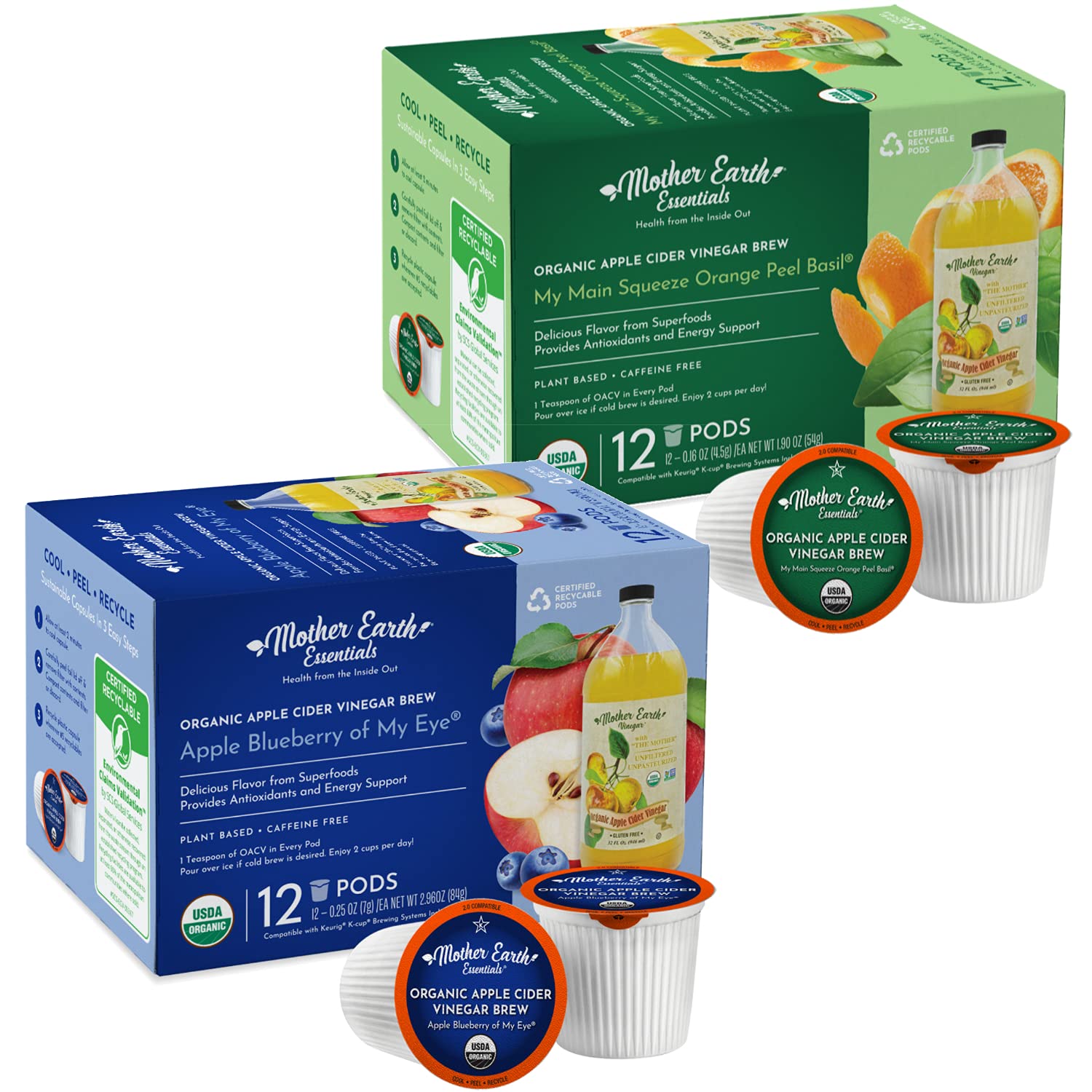 Mother Earth Essentials Superfood Tea ORANGE BASIL & BLUEBERRY infused with Organic Apple Cider Vinegar with The Mother. Get your daily dose with organic fruit & herbs. (12 Tea Pods of each flavor)