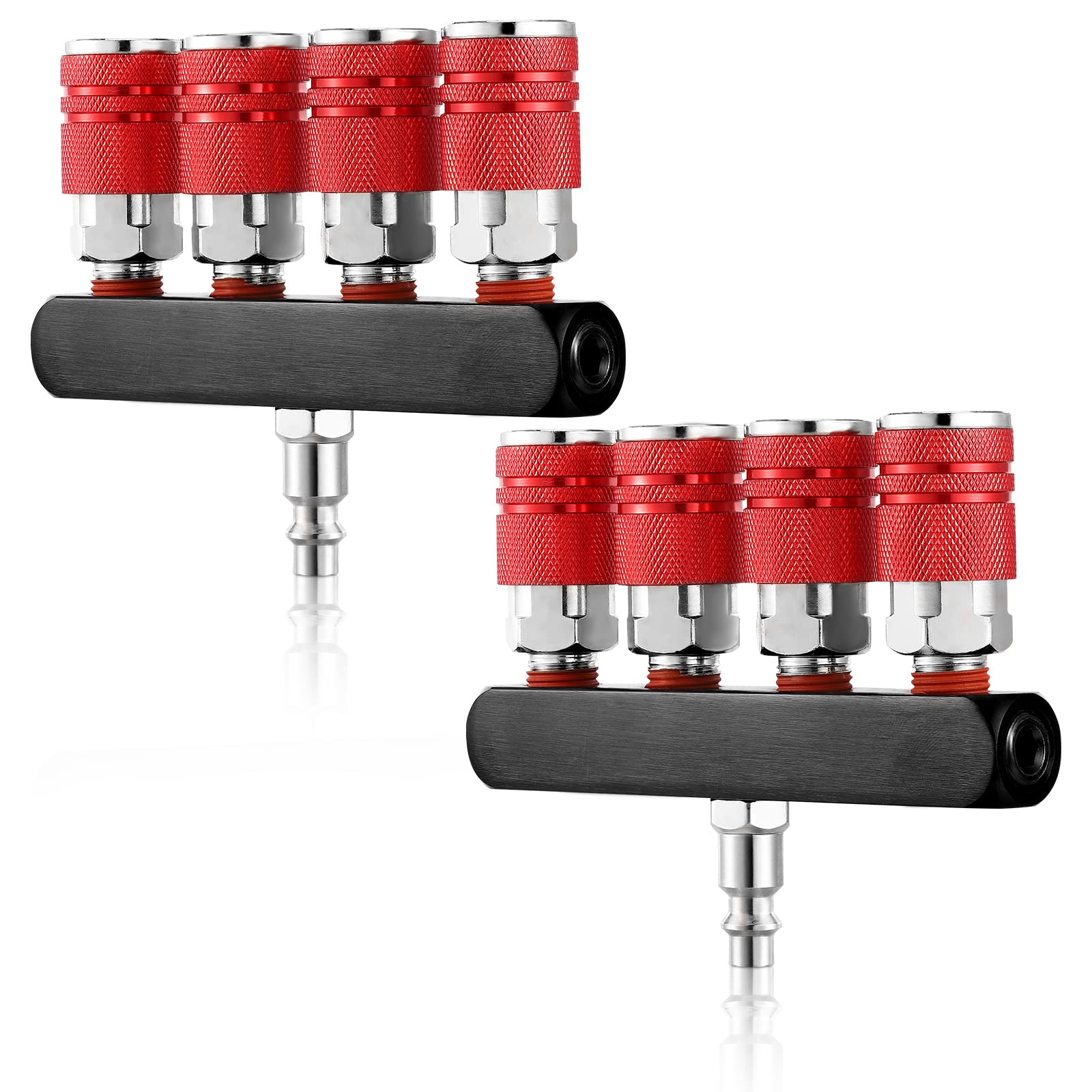 Photo 1 of Peryiter 2 Pcs 4 Way Straight Air Compressor Manifold Air Hose Splitter 5 Ports 1/4 in NPT Quick Connect Fittings Kit Accessories Swivel 360 Degrees Connectors(Red)