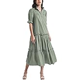 D-Sun Women Casual Button Down Maxi Dress Short Puff Sleeves Stand Collar Tiered Elegant Flowy Swing Long Dress with Tie
