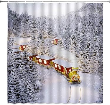 Amazon Com Xmas Shower Curtain Decor Vintage Steam Train Driving