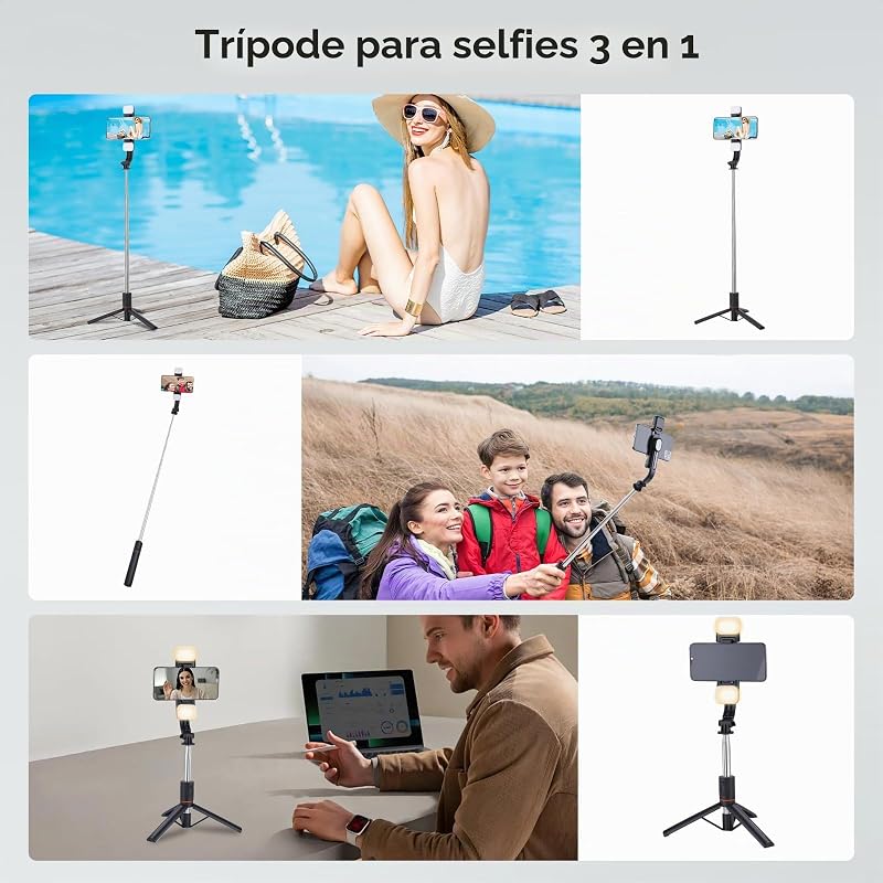 Tripé para selfies para telemóvel com 2 luzes, tripé móvel extra comprido de 116 cm com comando remoto destacável, compatível com a maioria dos iPhones, Samsung e telemóveis Android