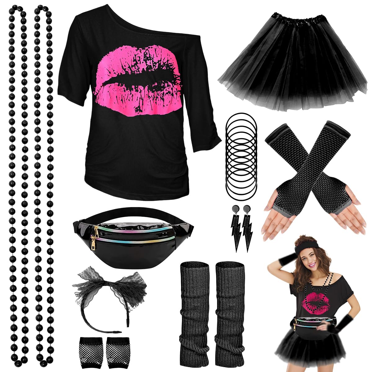 WILDPARTY 80s Fancy Dress For Women, Lip Print T-shirt, Tutu Skirt, Leg Warmers, Necklace, Fishnet Gloves, Earrings, 1980s Costumes Neon Accessories for Retro Theme Party Cosplay — image 1