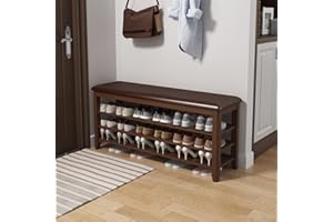 KASLANDI Shoe Bench with Leather Cushion, 3 Tiers Shoe Storage Bench, Walnut Wood Entryway Bench