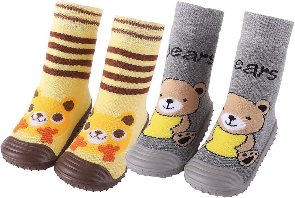 2 Pairs Baby Socks with Rubber Soles, OKSakady Infant Warm Stripe Slipper Socks Toddler Boots Training Walking Anti-slip Shoes