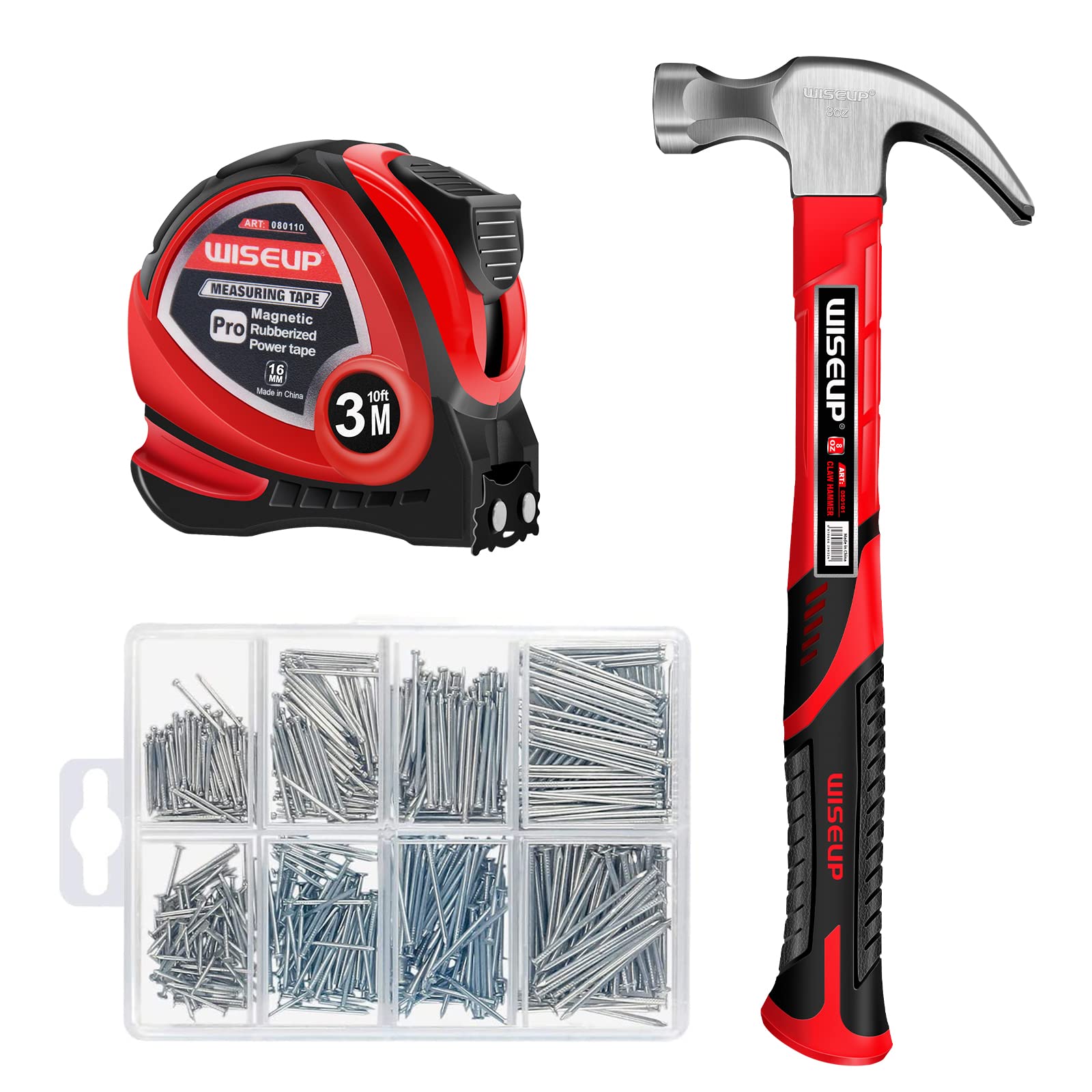 WISEUP Industrial Hammer Set with 560 Nails and Tape Measure, Claw Hammer with Fibreglass, Utility Hand Tools Set