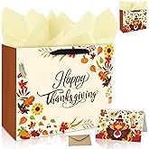 13" Large Thanksgiving Gift Bag with Tissue Paper and Greeting Card, Autumn Goodie Bags for Thanksgiving Party Favors Autumn Fall Party Supplies