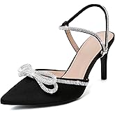 Susanny Women's Closed Toe Rhinstone Wedding Low Heel Slingback Clear Kitten Heels,Adjustable Strap Pointed Toe Bow Pumps High Heeled Prom Dress Shoes