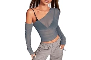 EVELUST Rave Mesh Top for Women - Sexy Asymmetrical Neck Y2K Shirt Long Sleeve Crop Top Music Festival Blouse Sheer Outfit