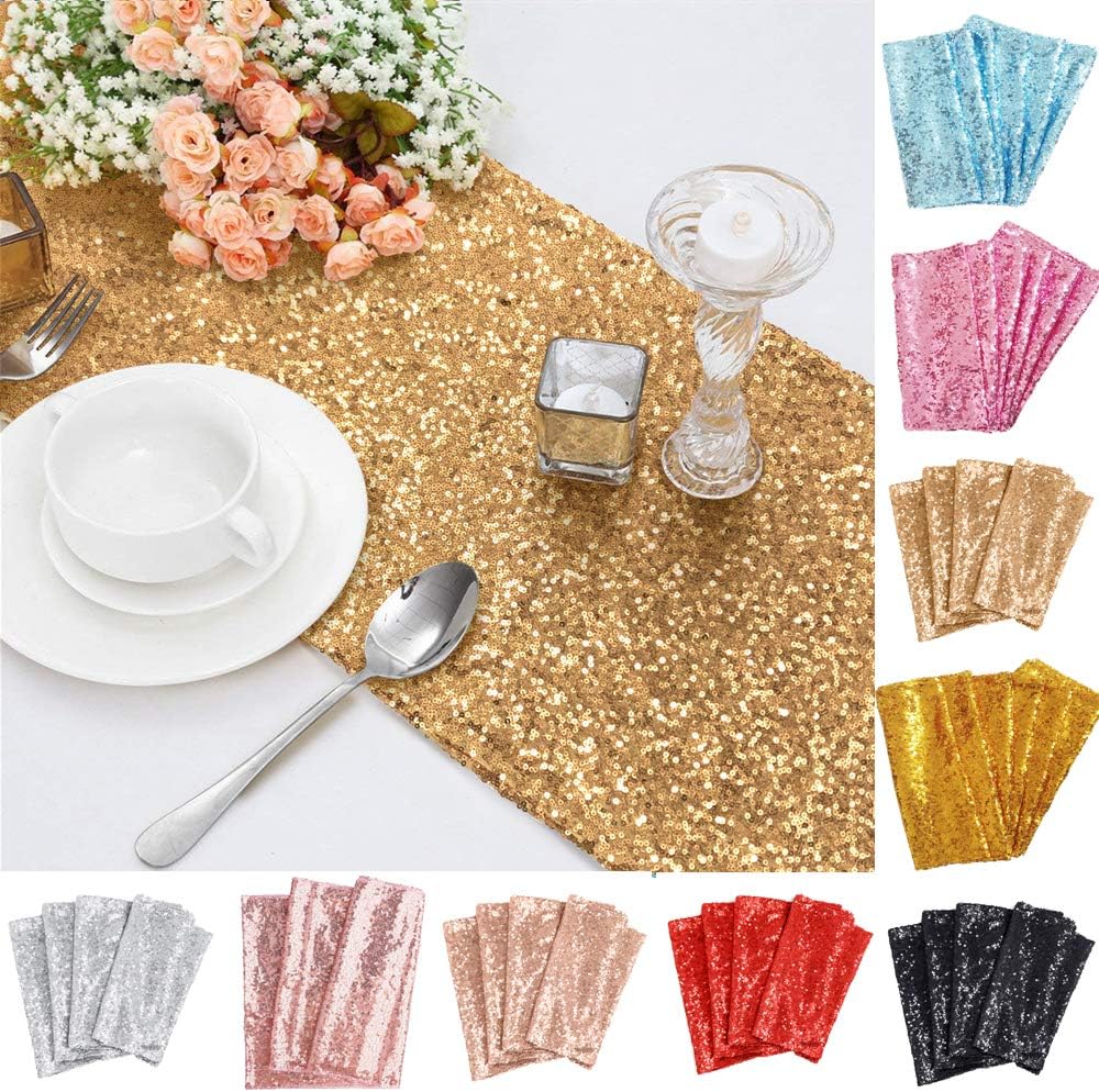 Time to Sparkle 5pcs 12"x108" Glitter Sequin Table Runner Chair Sashes Swags Wedding Party Table Decoration-Champagne Gold