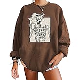 Meladyan womens Halloween Skull Graphic Print Fleece Oversized Sweatshirt Crewneck Long Sleeve Drop Shoulder Pullover, Vintage Brown, Small