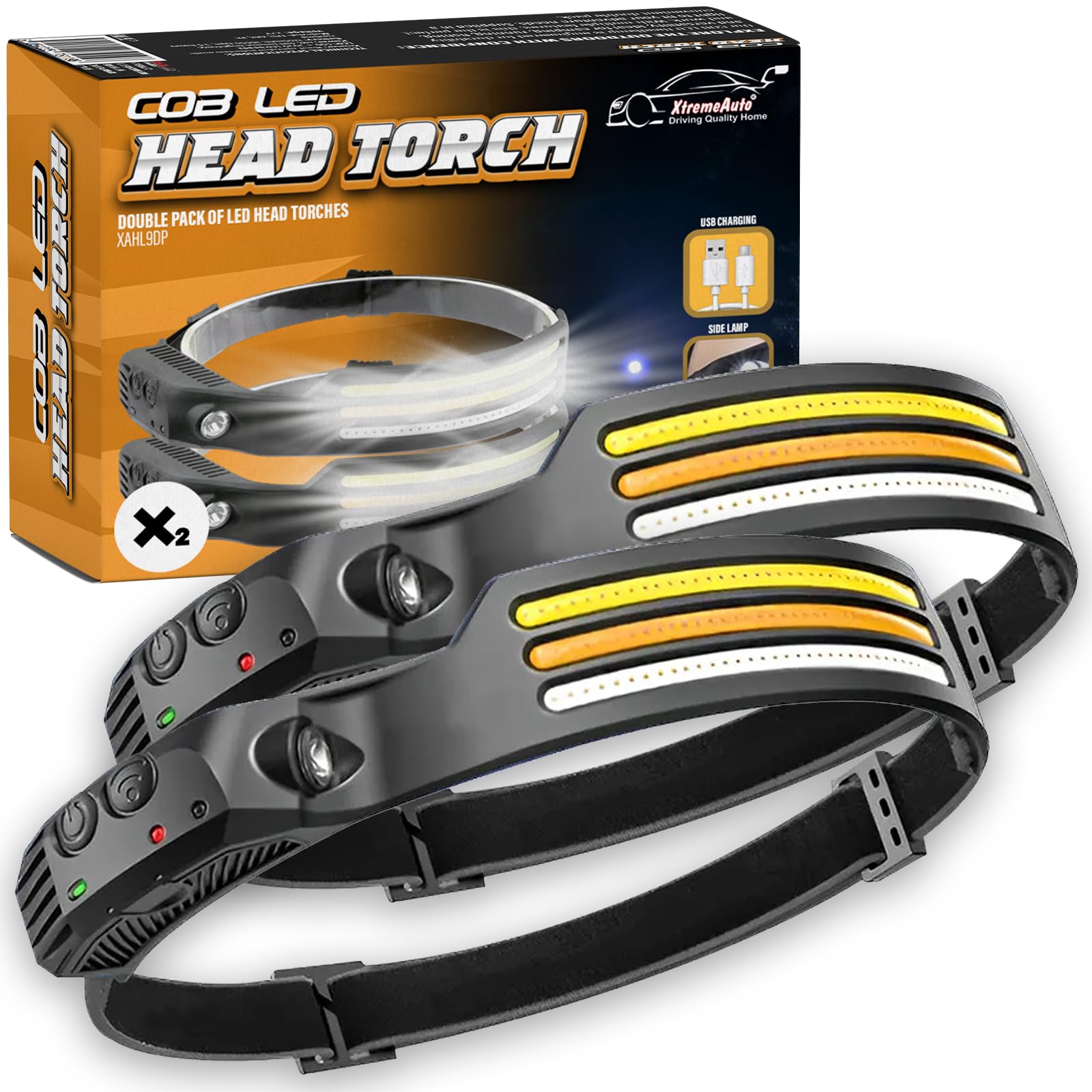 Xtremeauto Head Torch Rechargeable - Super Bright Wide Beam 230° Headtorch with Hands Free Sensor, LED Running Head Torch, Lightweight Headlamp Torch for Adults Kids Camping, Fishing, Pack of 2