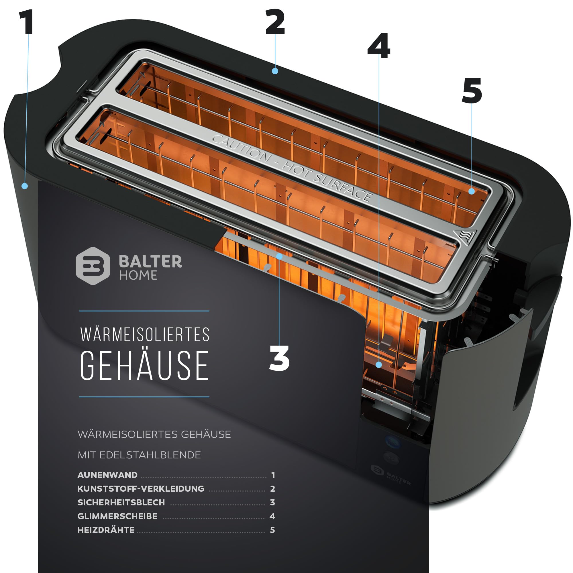 Balter Toaster 4 Scheiben, Langschlitz, Edelstahl, Brötchenaufsatz, LCD Display mit Restzeitanzeige, Auftaufunktion, Brotzentrierung, Krümelschublade, TS-04-LCD, Farbe: Schwarz 4