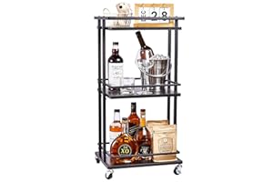 Feemiyo 3-Tier Bar Cart, Serving Bar Cart for Home with Large Storage Space, Made of Wood and Metal with Wheels，Multifunctional cart Suitable for Home Bars, Kitchens, Living Rooms, and bedrooms