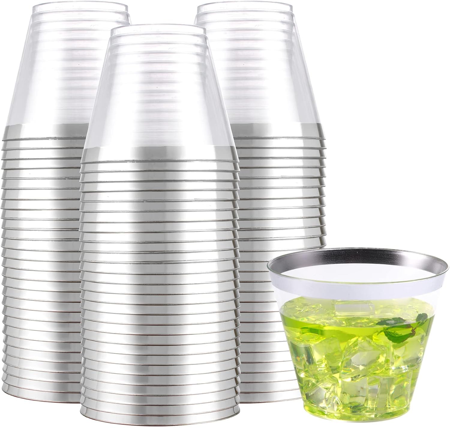 Photo 1 of WELLIFE 200pcs Silver Cups, 9OZ Clear Plastic Cups,Plastic Wine Glasses Disposable,Cocktail Glasses for Party and Weddings