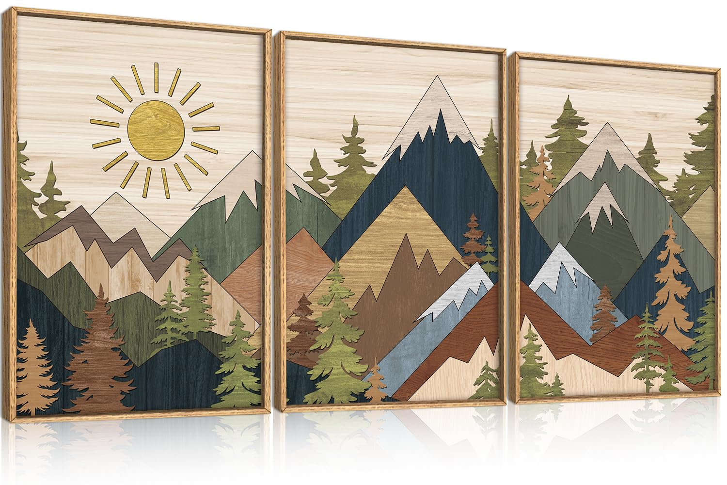 BICERE Large Abstract Mountain Woodcut Framed Canvas Wall Art,Vintage Pine Tree Wall Decor,Rustic Na