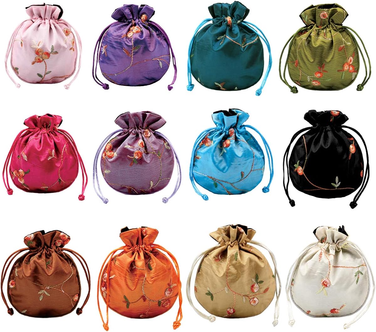 kilofly 12 pc Silk Coin Purse Drawstring Floral Embroidered Jewelry Pouch Bags, Multicolored, 4.3 x 5.1 inch