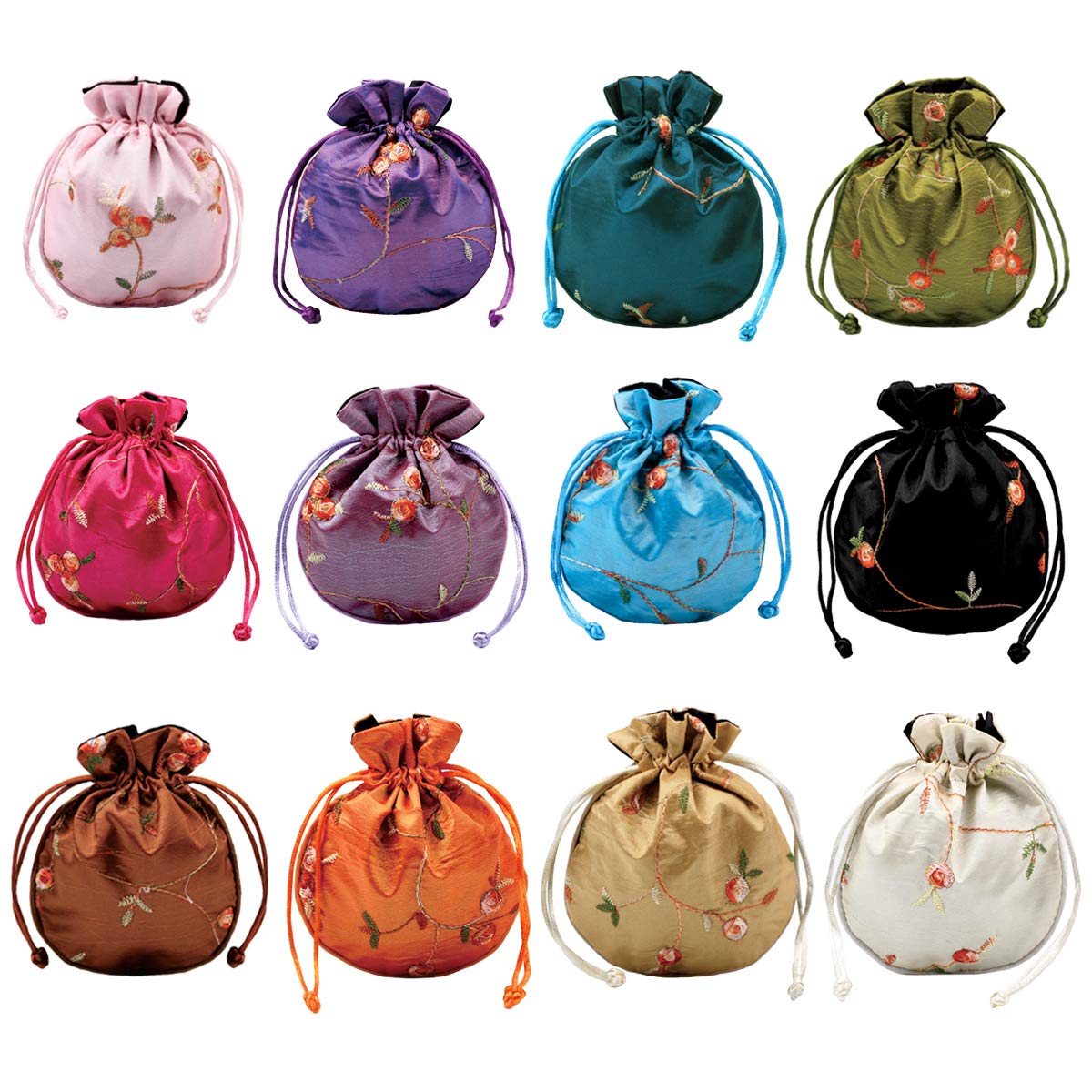 kilofly 12 pc Silk Coin Purse Drawstring Floral Embroidered Jewelry Pouch Bags
