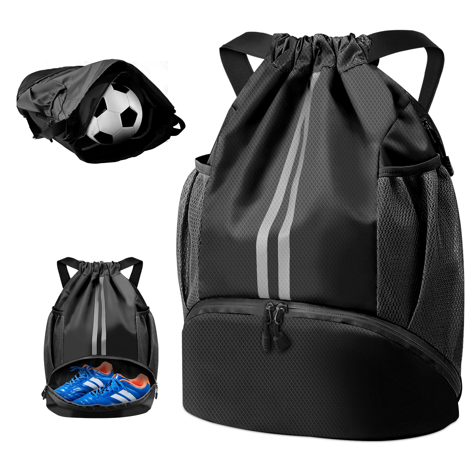 BROTOU Unisex Drawstring Backpack, Waterproof Gym Bag, Large Oxford PE Pack, Students School Backpack, Durable Sports Ball Bag, with Shoe Bag (A, Black)