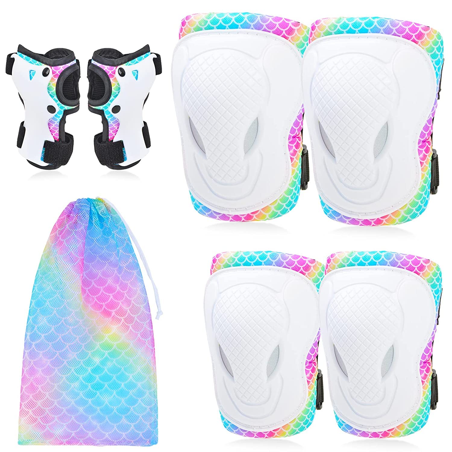 Knee Pads for Kids Elbow Pads Wrist Guards with Drawstring Mesh Bag, 7 in 1 Protective Gear Set for Girls Boys for Skating Cycling Bike Scooter, 3-8 Years