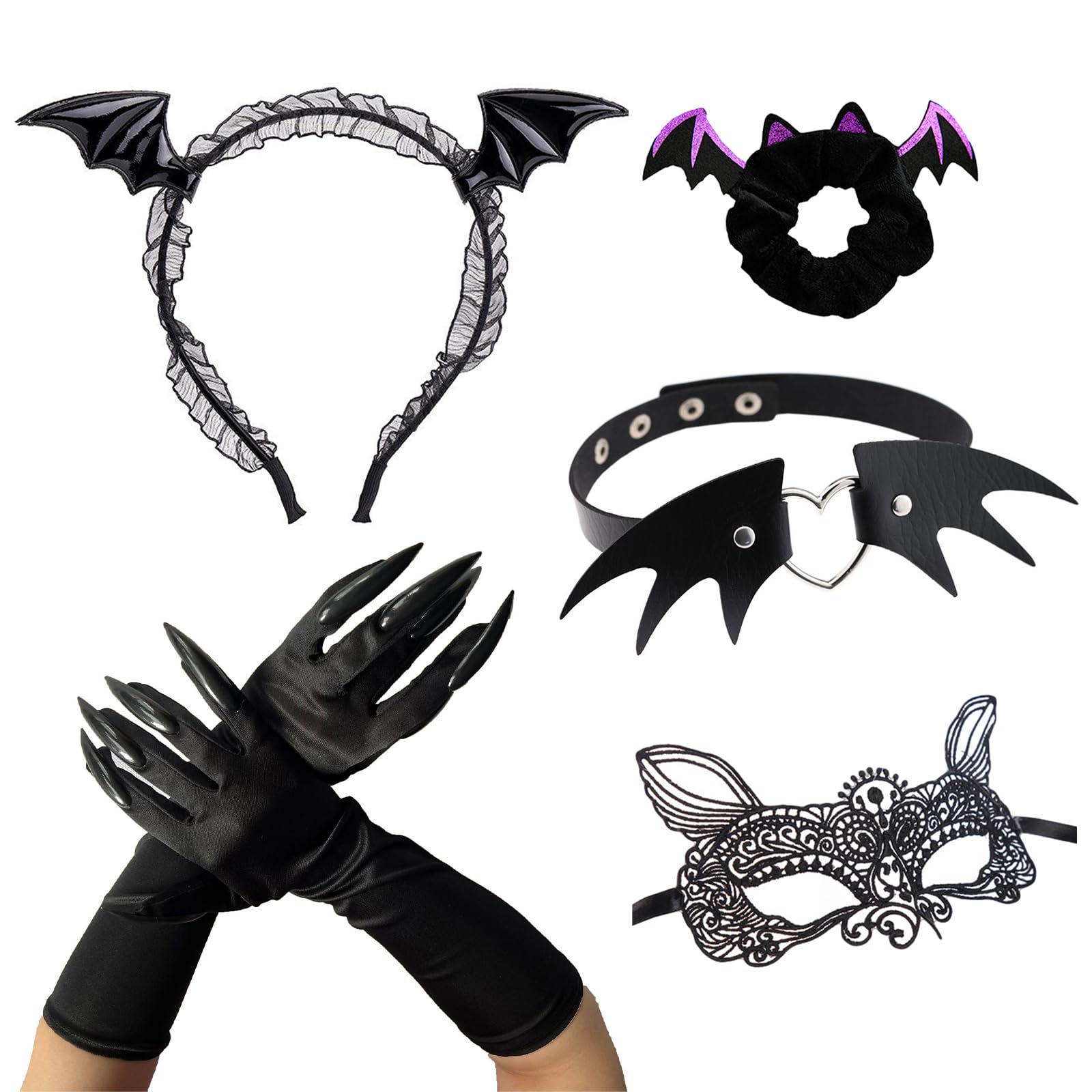 JK Home 5pcs/Set Lace Bat Headband + PU Wing Choker Necklace + Long Pointed Fingernails Gloves + Masquerade Masks + Hair Scrunchies for Halloween Fancy Dress Adults Women Girls