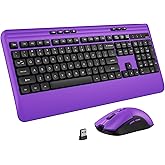 KOPJIPPOM Wireless Keyboard and Mouse Set with Quiet Keys, 2.4G Full Size Purple Keyboard and Mouse with Wrist Rest, Protective Covers, Soft Touch Silent Design for Windows, Computer, PC and Laptop