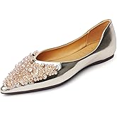 KAPPIHAT Women's Pointed Rhinestone Flat Shoes Glitter Flowers Wedding Comfortable Dress Shoes