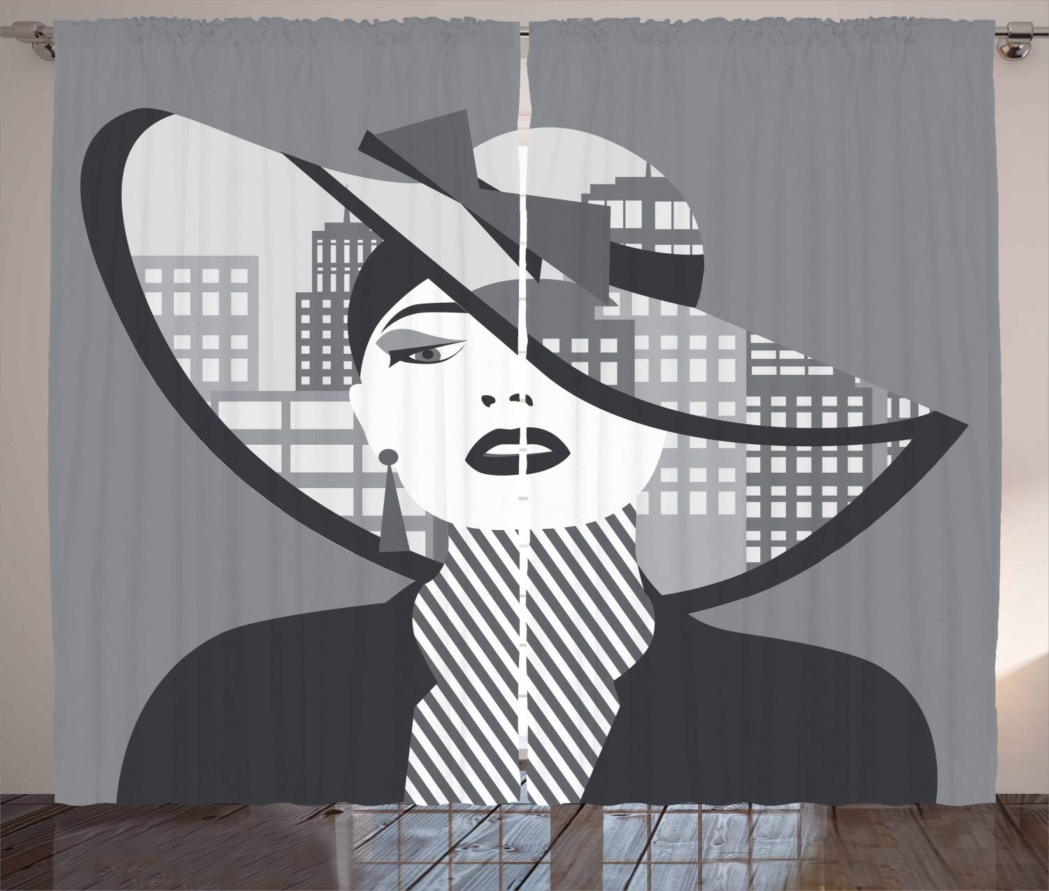 ABAKUHAUS Diva Curtains, Modern Design Woman Portrait with Fashion Hat, Living Room Bedroom Window Drapes 2 Panel Set, 96 L X 110 W, Grey Dark Grey