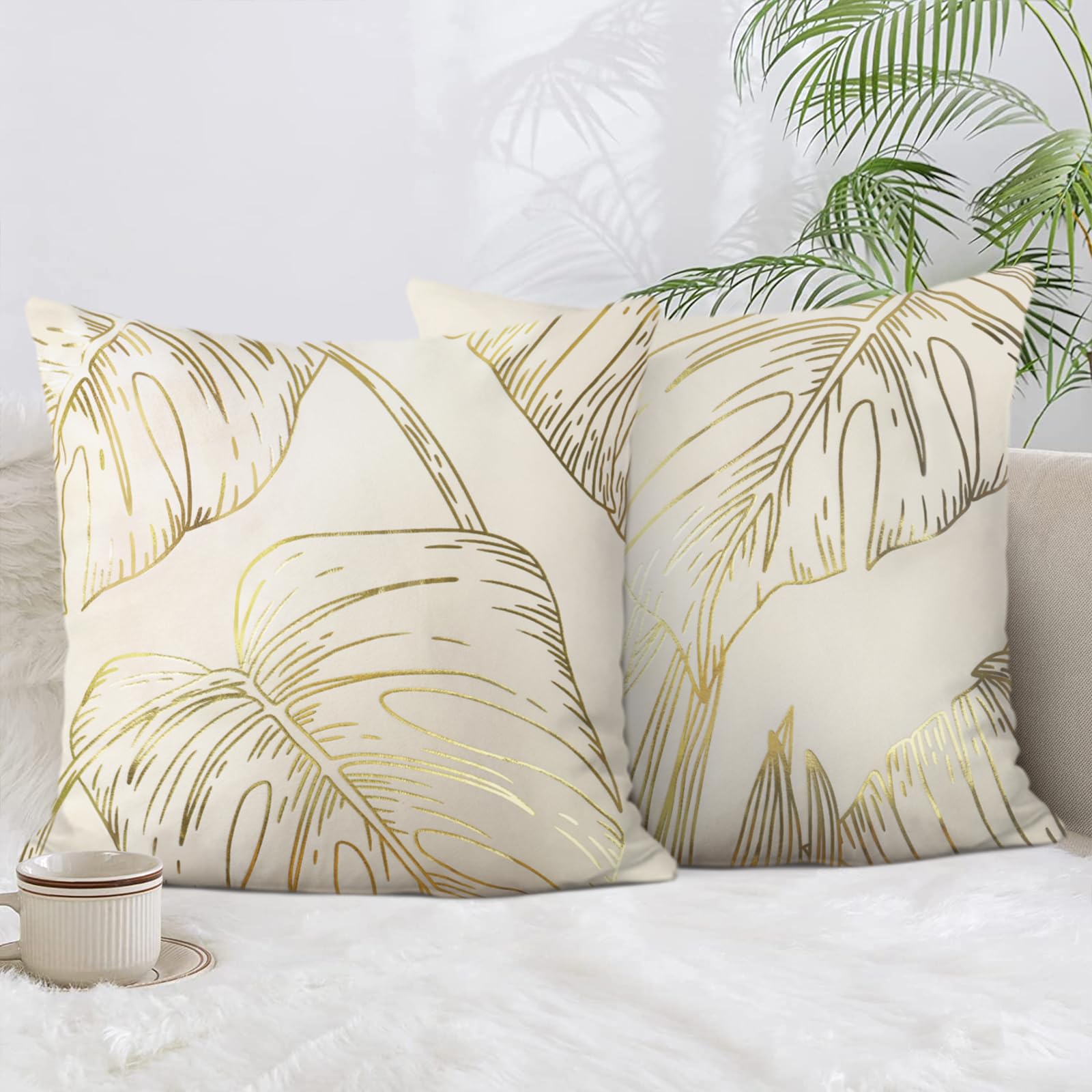 Bonhause Gold Leaves Cushion Covers 45 x 45 cm Gold Foil Printing Decorative Throw Pillow Covers Soft Velvet Pillowcases for Sofa Living Room Bedroom Home Decor Set of 2