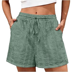 Women Eyelet Embroidery Shorts Summer Cute Boho Elastic Waist Drawstring Casual Lounge Shorts Beach Vacation Outfits
