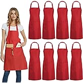 DUSKCOVE 8 Pack Bib Aprons Bulk - Unisex Red Commercial Apron with 2 Pockets for Kitchen Crafting BBQ Drawing Cooking