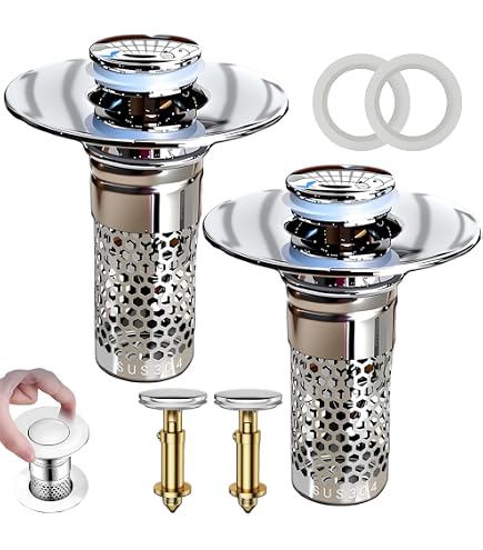 2PCS Bathroom Sink Drain Strainer – Stainless Steel Hair Catcher, Pop-Up Filter Stopper, Easy Clean & Install