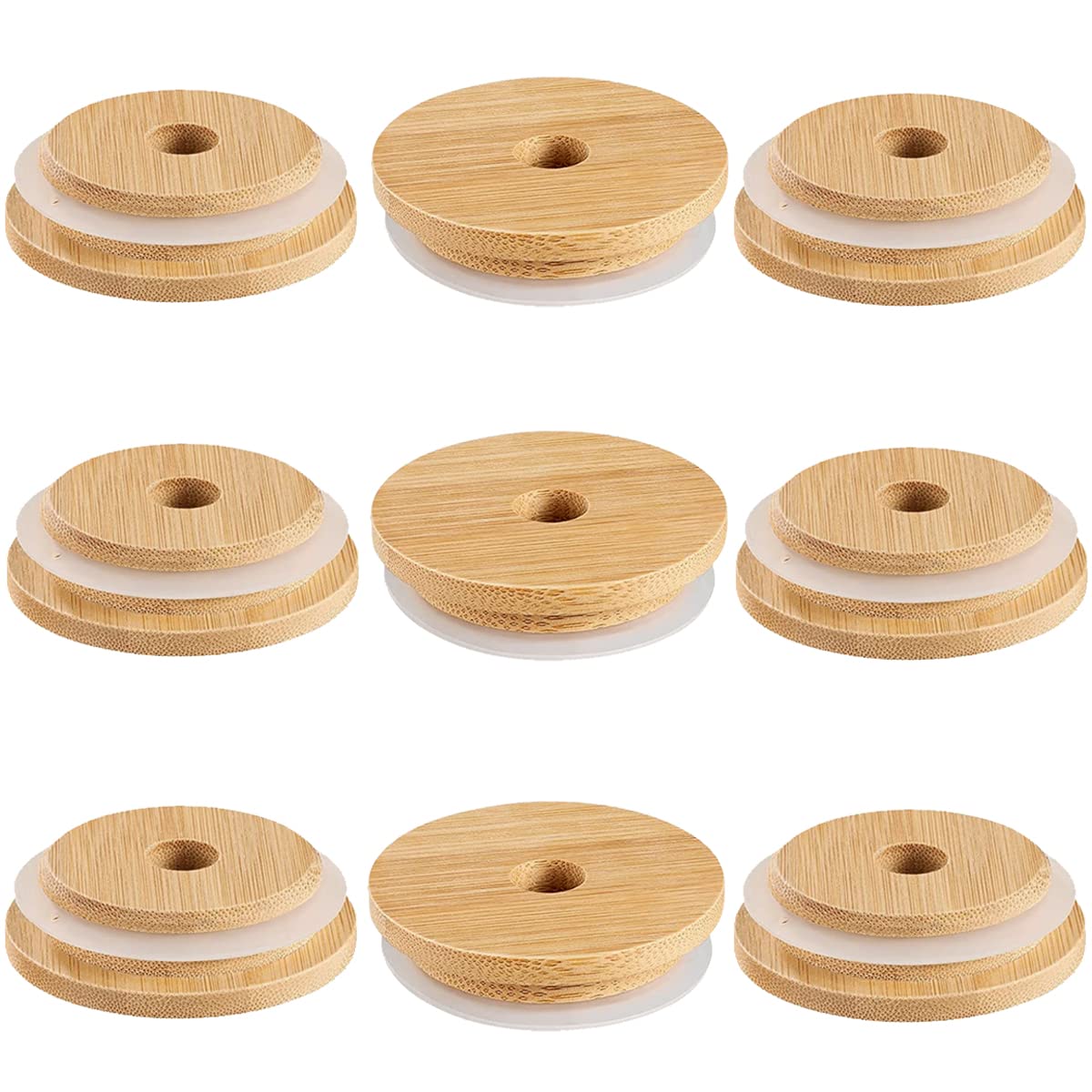 DOERDO 9pcs 70MM Bamboo Jar Lids with Straw Hole Reusable Bamboo Mason Jar Lid Drinking Storage Lid Leak-Proof Lids for Mason Jar