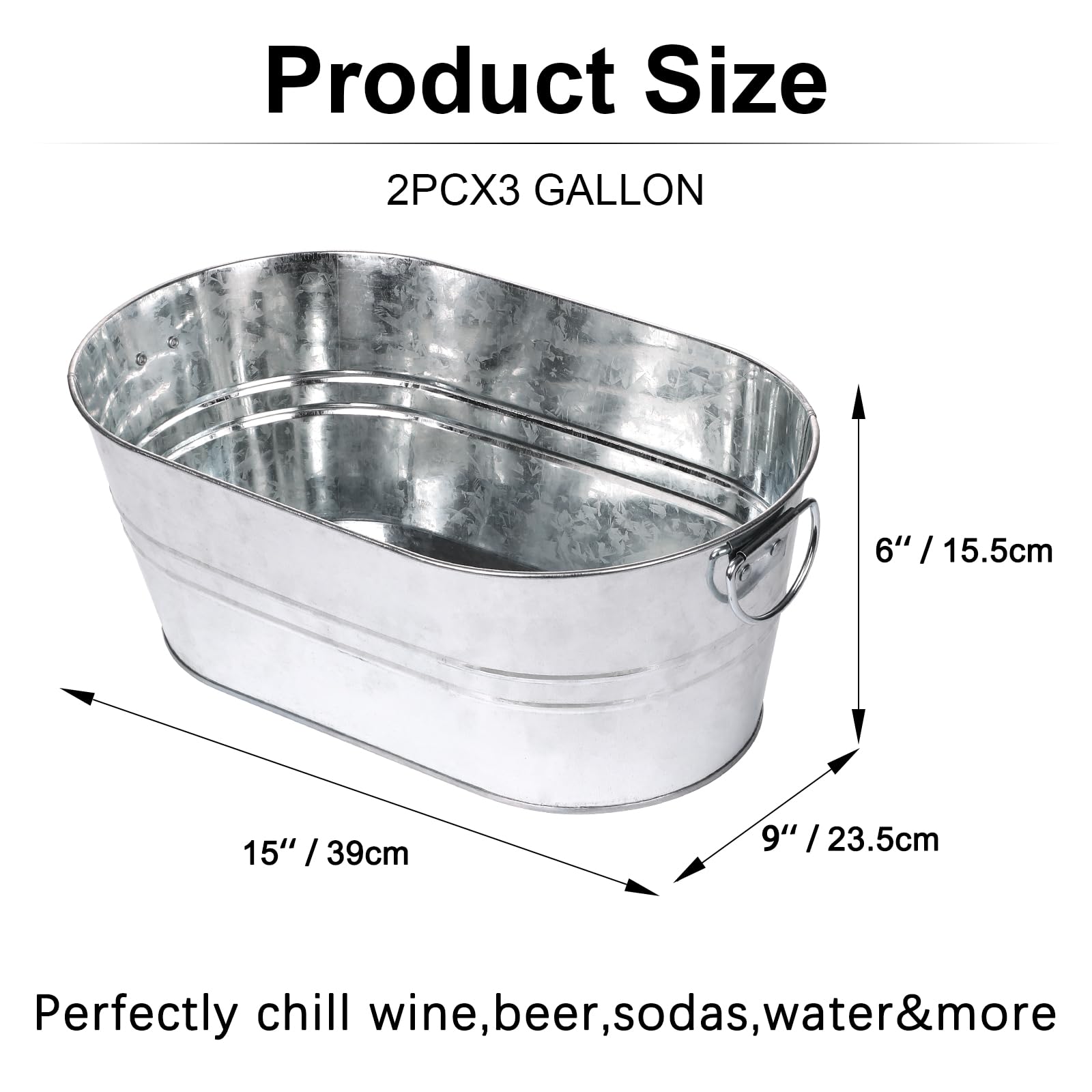 Galvanized Tub Beverage Tubs, 2pcs Metal Ice Buckets for Cocktail Bar 3 Gallon Wine Beer Drink Buckets with Handles Large Tub Cooler Mimosa Bar Supplies Ice Bucket for Parties 15x9x6inch(Galvanized)