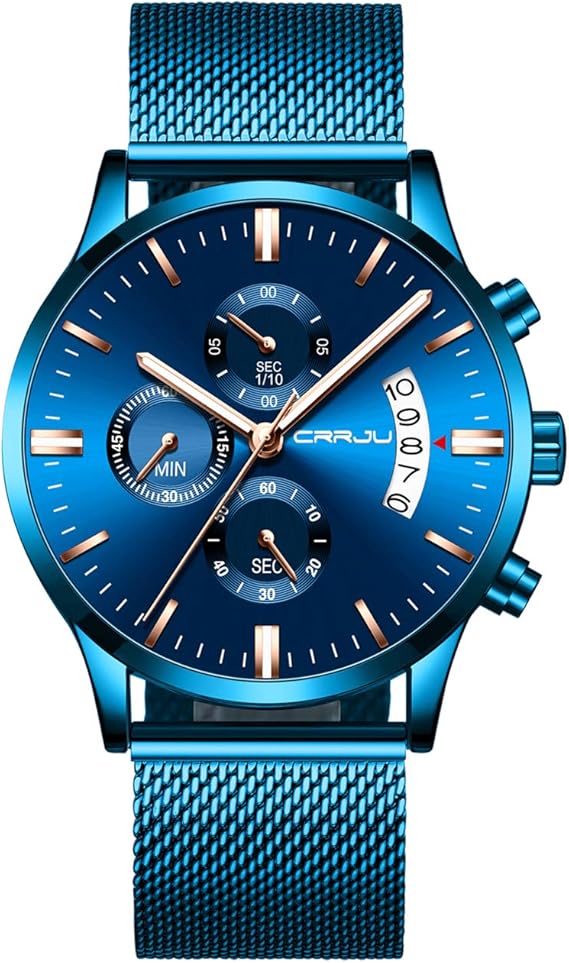 Amazon Crrju ブルー腕時計 メンズ ユニークデザイン ビジネス カジュアル クォーツ フルスチール 防水腕時計 240mm ブルー メンズ腕時計 腕時計 通販