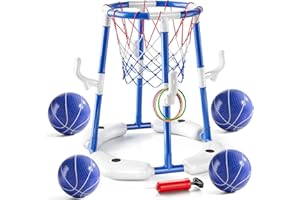 Pool Basketball Hoop,2-in-1 Floating Pool Basketball Toys with 4 Balls,12 Rings&Pump, Basketball & Ring Toss Swimming Pool Ga