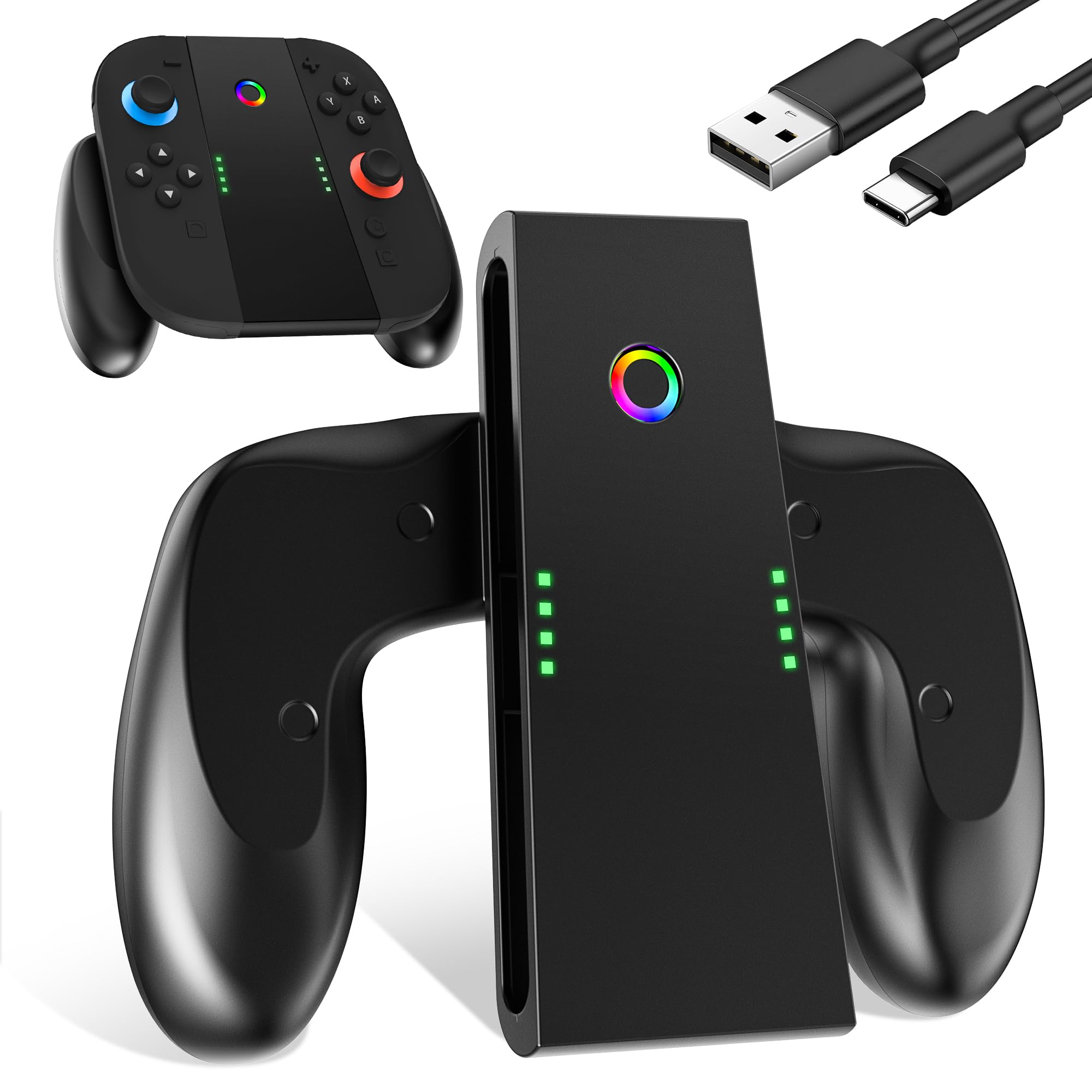 GLDRAM Charger Grip for Switch 2 Joycon, Portable Charging Dock Stand, Comfort Controller Handle Accessories with Magnetic Charge Port & LED Indicator Light & USB Cable - Play While Charging