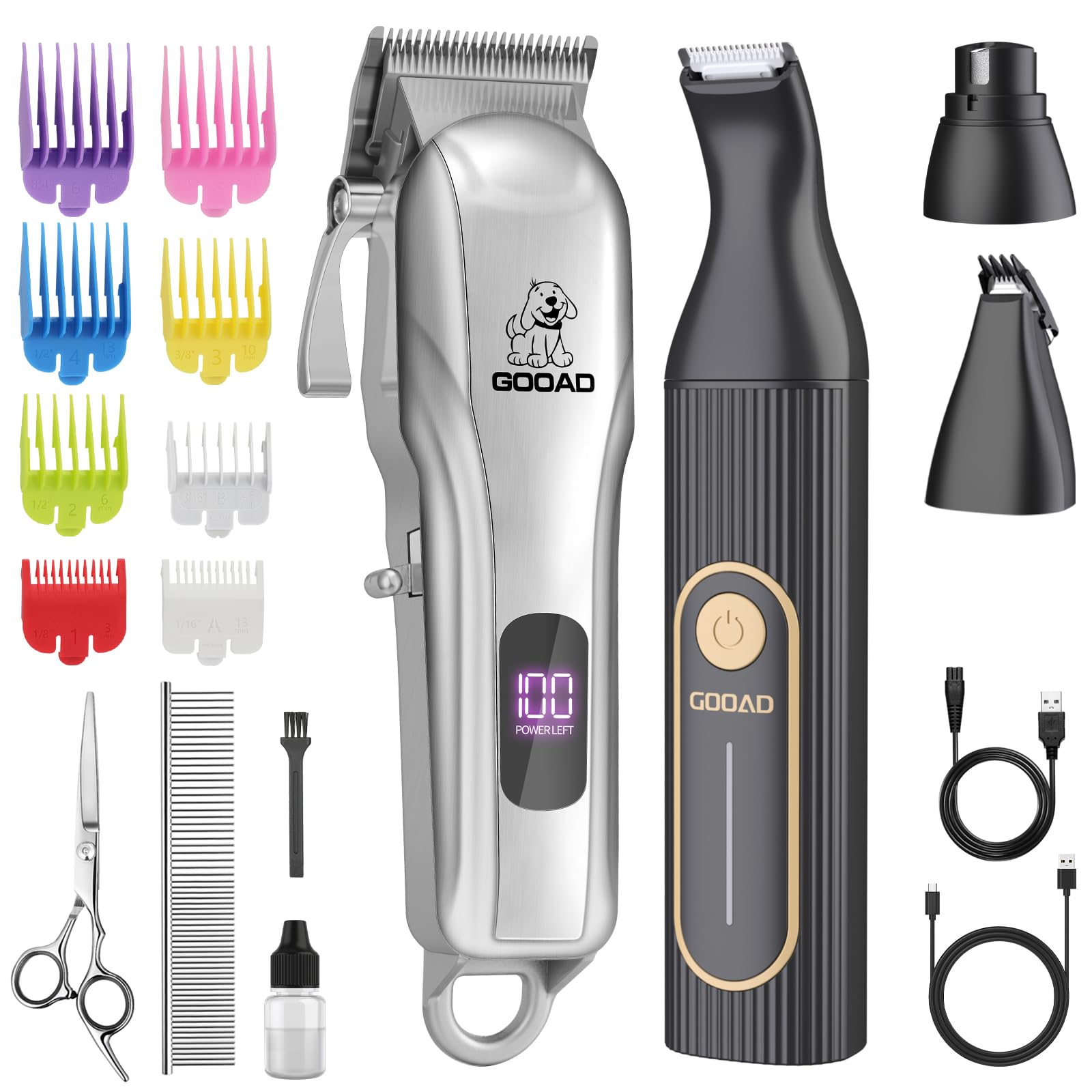 Gooad Professional Dog Grooming Kit - Cordless Clippers for Heavy & Thick Coats, Low Noise Pet Shaver with Nail Grinder & Paw Trimmer for Small, Medium, Large Dogs