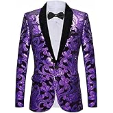 GONSIDA Men's Fashion Velvet Sequins Blazer Floral Pattern Party Prom Suit Jacket