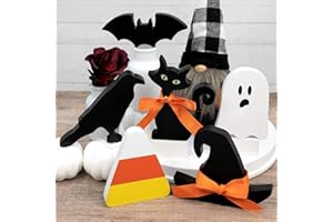 POSCHNOR 6 PCS Halloween Decorations Indoor, Halloween Table Decorations for Home, Free Standing Wooden Signs with Witch's Hat, Black Cat, Black Crow, Ghost, Bat, Candy Corn for Tiered Tray, Desk and Mantle.