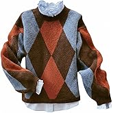 MakeMeChic Women's Argyle Plaid Sweater Crew Neck Long Sleeve Knit Vintage Pullovers